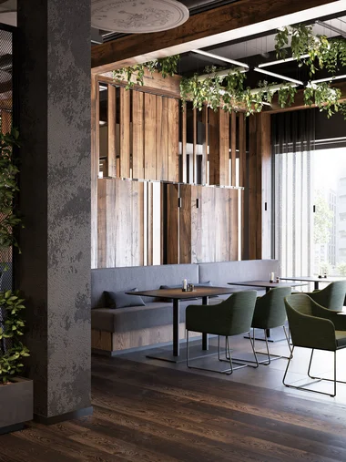 Jetzt Ihren Tisch reservieren Modernes Restaurant mit Holzmöbeln, grünen Stühlen und Pflanzen an der Wand