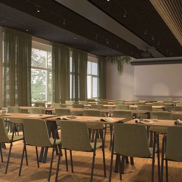 Ihr besonderes Hotel in Königsbrunn: Zeller’s Quartier Helles Seminarzimmer mit grünen Stühlen, Tischen und Projektorbildschirm