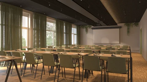 Zeller’s Quartier: das besondere Tagungshotel in Bayern Helles Seminarzimmer mit grünen Stühlen, Tischen und Projektorbildschirm