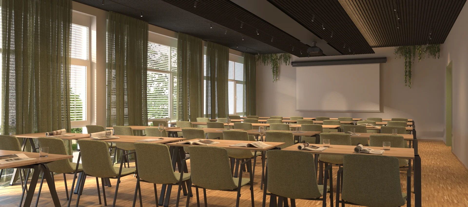 Tagungen im Zeller’s Quartier bei Augsburg – moderne Tagungsräume für Meetings, Workshops und Seminare Helles Seminarzimmer mit grünen Stühlen, Tischen und Projektorbildschirm