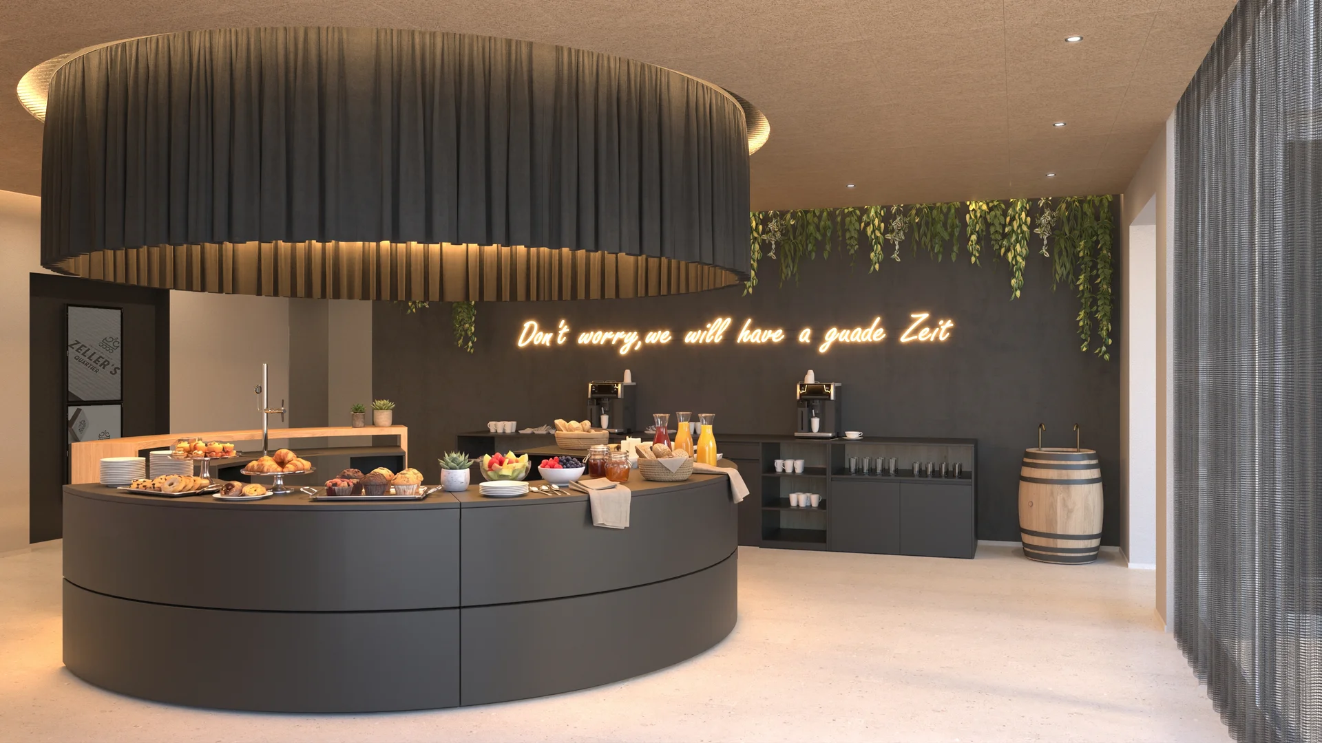 Das besondere Tagungshotel in Bayern Modernes Frühstücksbuffet in einem stilvollen Tagungsbereich mit dunklem Design, Buffetinsel und beleuchtetem Schriftzug an der Wand.