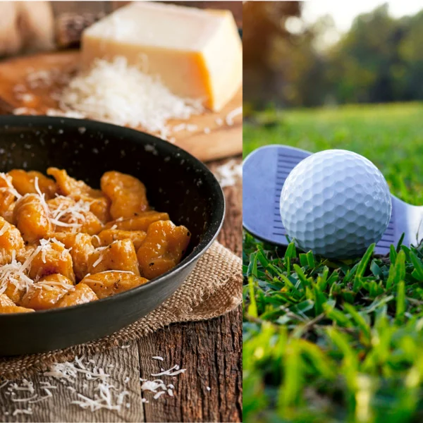 Ihr besonderes Hotel in Königsbrunn: Zeller’s Quartier Eine Bildcollage aus einem Bild mit leckeren Kürbisgnocci mit frischem Parmesankäse darüber gestreut. sowie einem Golfschläger, der neben einem Golfball zum Abschlag platziert ist.