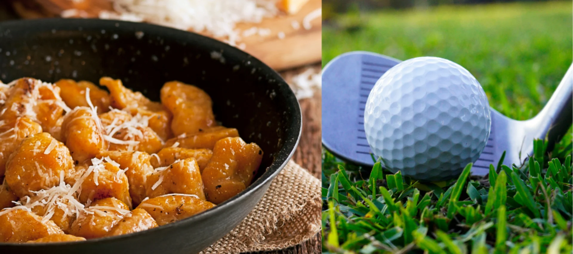 Herbstaktivitäten in Königsbrunn Eine Bildcollage aus einem Bild mit leckeren Kürbisgnocci mit frischem Parmesankäse darüber gestreut. sowie einem Golfschläger, der neben einem Golfball zum Abschlag platziert ist.