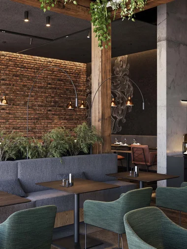 Jetzt Ihren Tisch reservieren Moderne Café-Inneneinrichtung mit Backsteinwand und grünen Sesseln